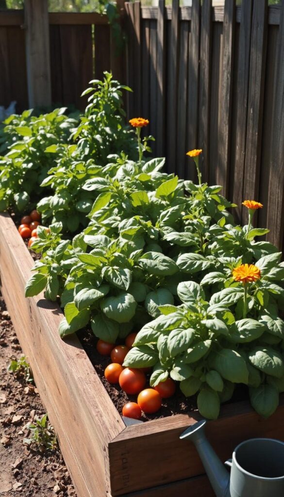 A beautifully maintained raised garden bed filled with lush green vegetables