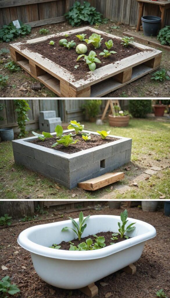 A-collage-of-three-budget-friendly-raised-garden-beds-one-made-from-upcycled-wooden-pallets.