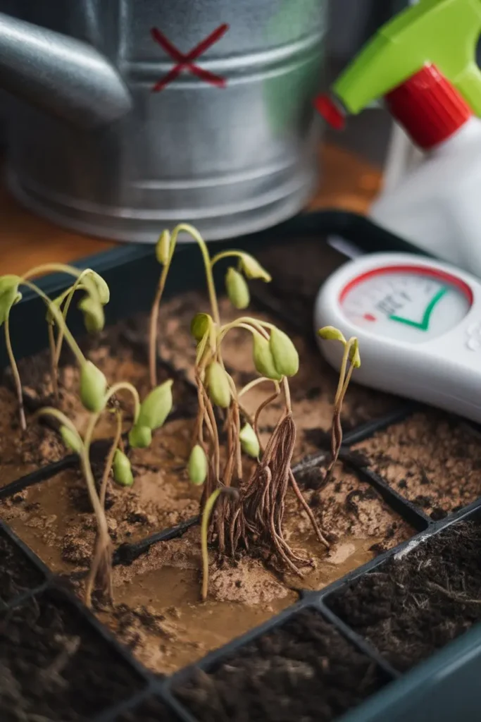 Overwatered seedlings vs. properly watered seedlings.