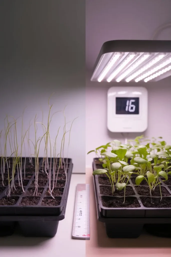 Leggy seedlings vs. sturdy seedlings under grow lights.