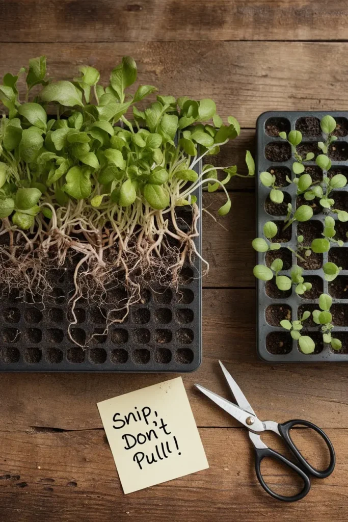 Overcrowded seedlings vs. properly spaced seedlings.