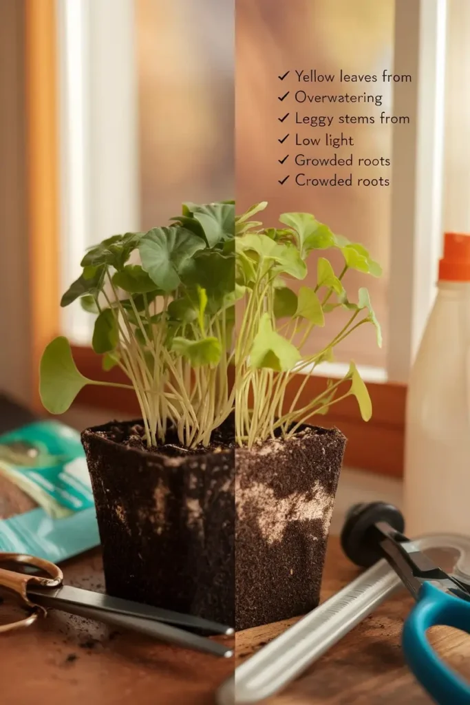 Healthy seedlings vs. common seedling mistakes comparison.