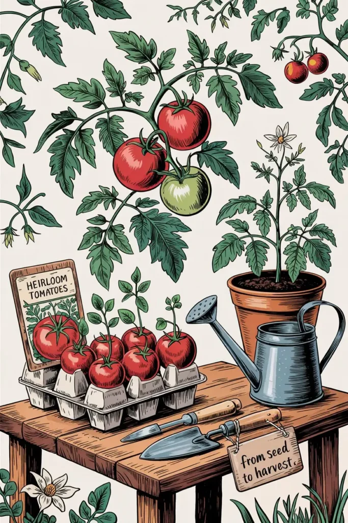 Tomato growth stages from seed to harvest infographic.