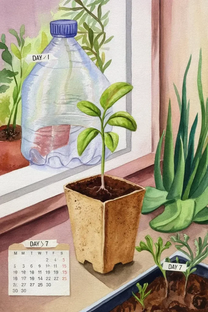Seedling hardening off process with DIY cloche.
